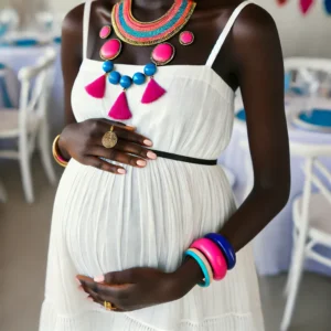 Flowy White Dress with Colorful Accessories