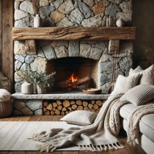 Stone Fireplace with a Reclaimed Wood Mantel