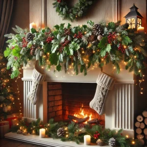 Cozy Christmas Fireplace with Mantel Garland