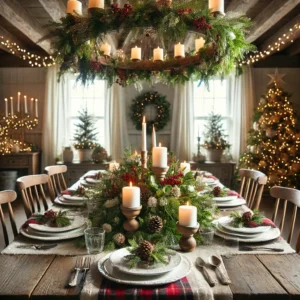 Rustic Dining Table with Festive Centerpiece