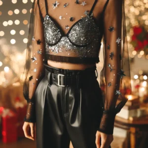 Sheer Top with Sparkly Bralette and Leather Pants