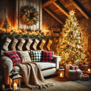 Warm Living Room with a Twinkling Christmas Tree